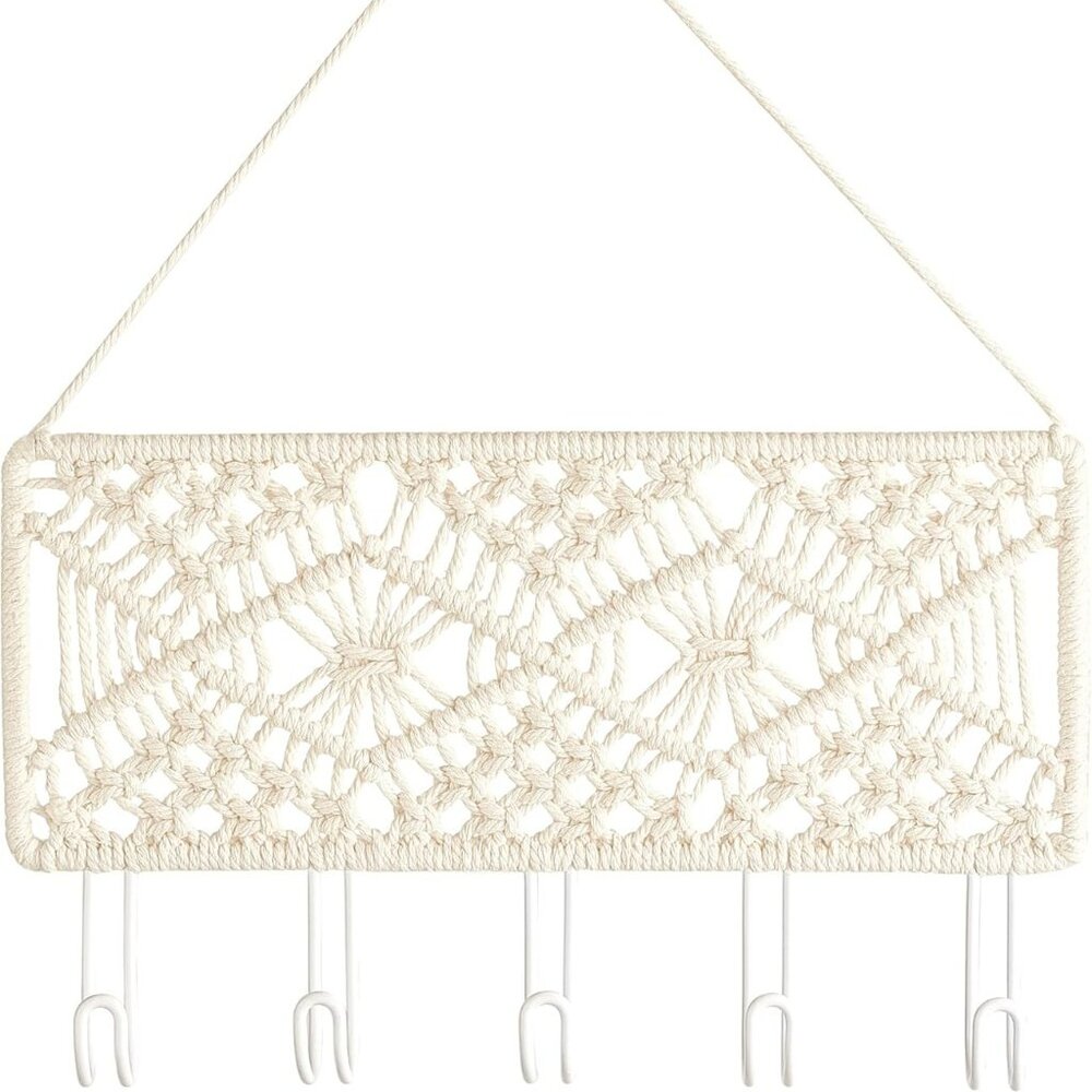 Boho Macrame Wall Decor with Hooks Bohemian Farmhouse 5 Hooks